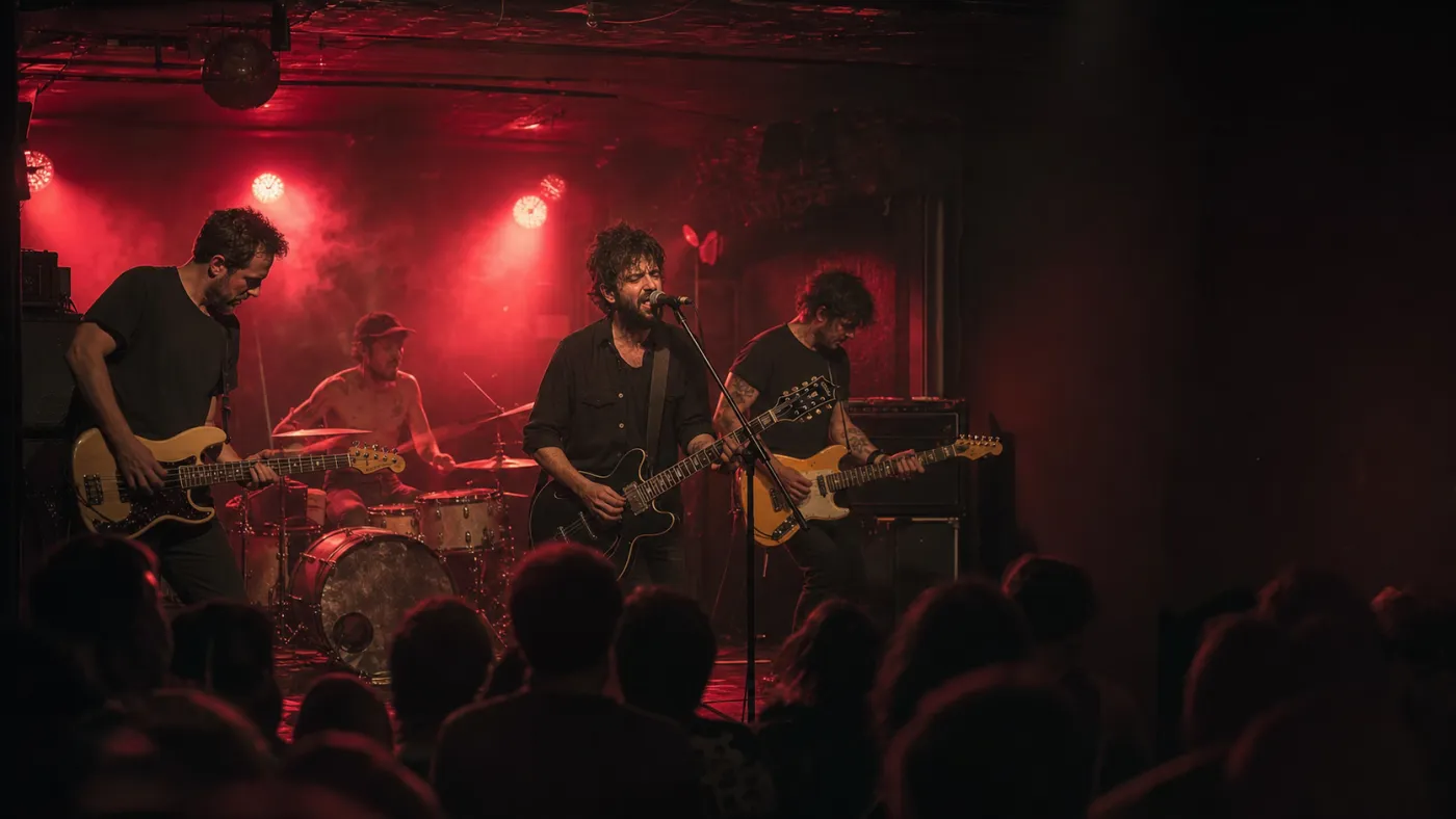Trupă cântând pe scena unui club mic, în lumină roșie